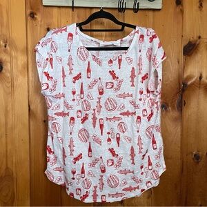 Cynthia Rowley Red and White Graphic Short Sleeve Linen Top
